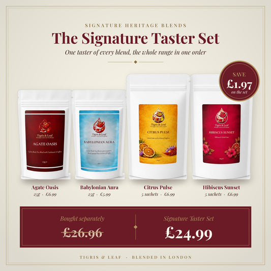 Tigris & Leaf Signature Taster Set: Agate Oasis and Babylonian Aura 25g pouches beside Citrus Pulse and Hibiscus Sunset sachet pouches, £24.99, saving £1.97 on buying separately