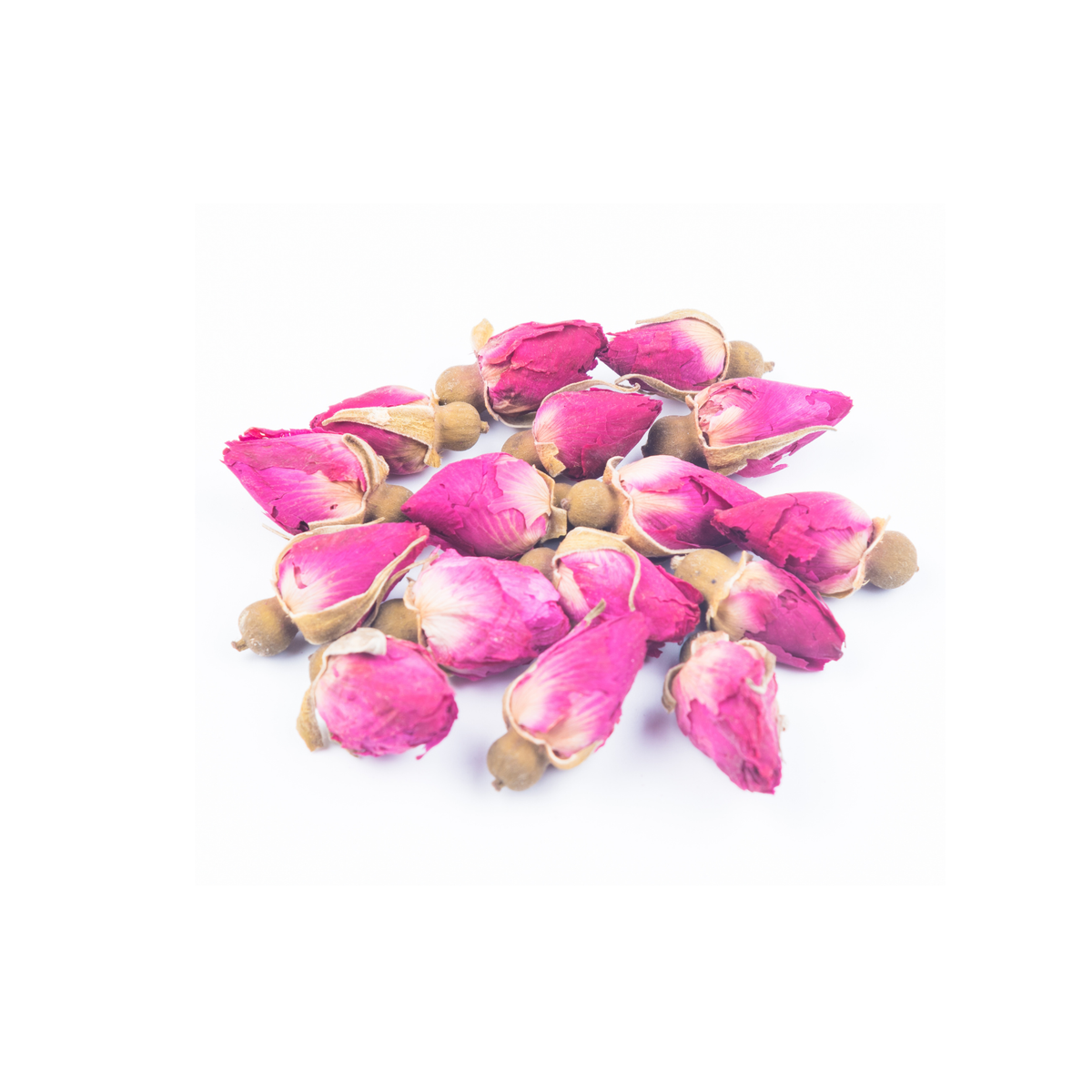 Dried pink Damask rose buds on a white background