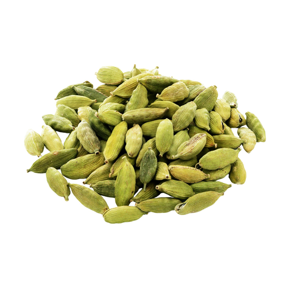 Whole green cardamom pods on a white background