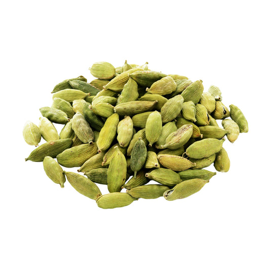 Whole green cardamom pods on a white background